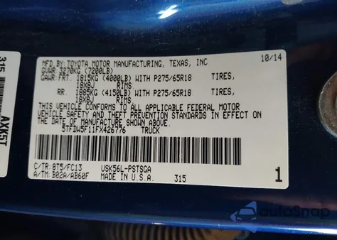 2015 Toyota Tundra Sr5 5.7L V8 из США, поврежденный, VIN 5TFDW5F11FX426776